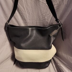Vintage Coach Black and Cream Leather Rugby Shoulder Bag